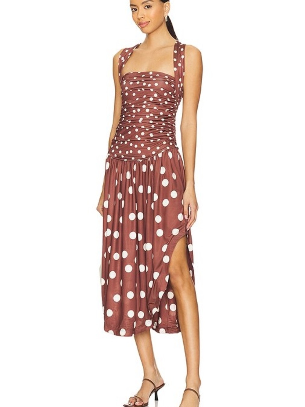 Free People Rust Polka Dot Ruched Midi Dress